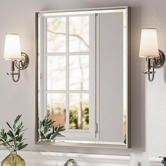 Brushed Nickel Bathroom Mirror, 24x32 Inch Beveled Framed Bathroom Mirror