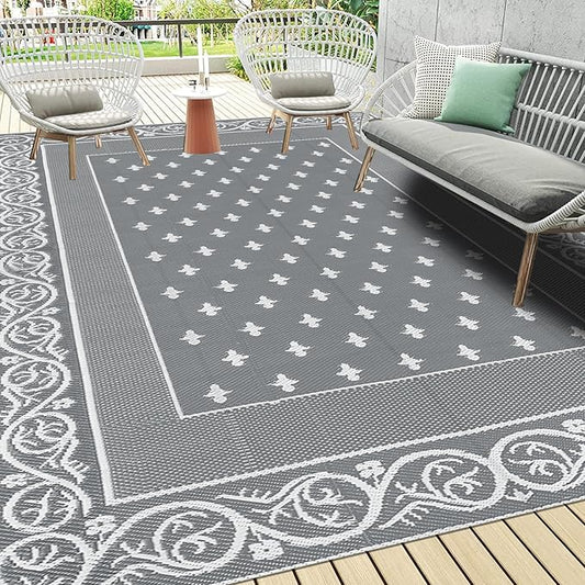 Pauwer Waterproof Outdoor Rug 9x12, Reversible Plastic Straw Patio Camping Rug, Indoor Outdoor RV Mat Carpet for Deck, Camper, Porch, Balcony, Backyard, Picnic, Bordered Grey