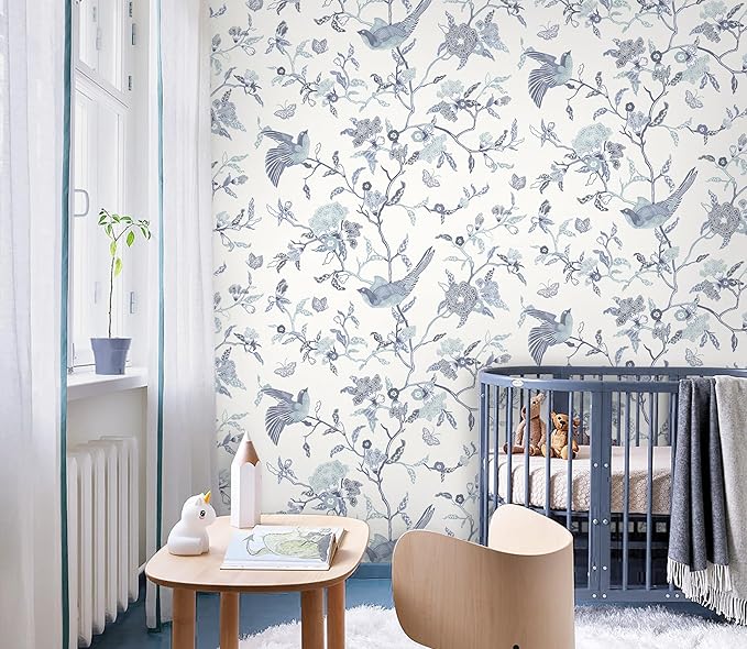 Timeet Peel and Stick Wallpaper Vintage Floral Contact Paper Blue and White