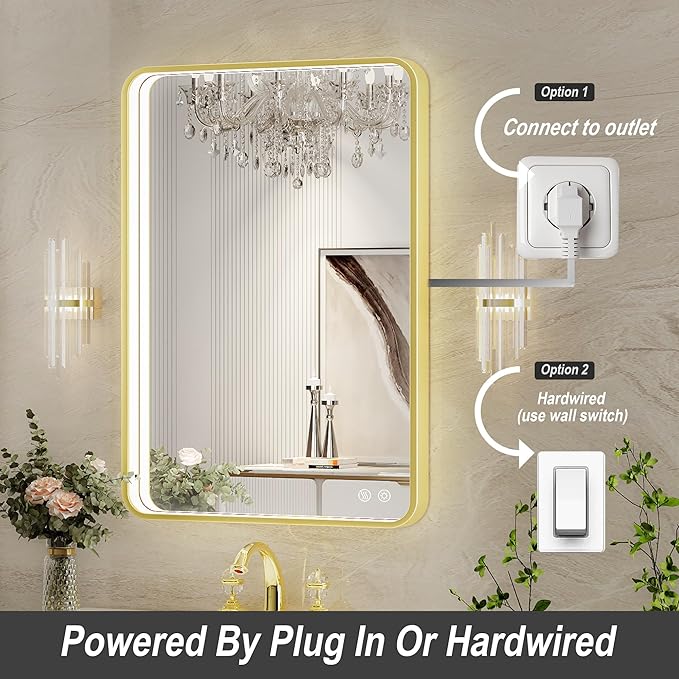 20X28 Inch Framed LED Lighted Bathroom Mirror, Wall Mounted Gold Metal Vanity