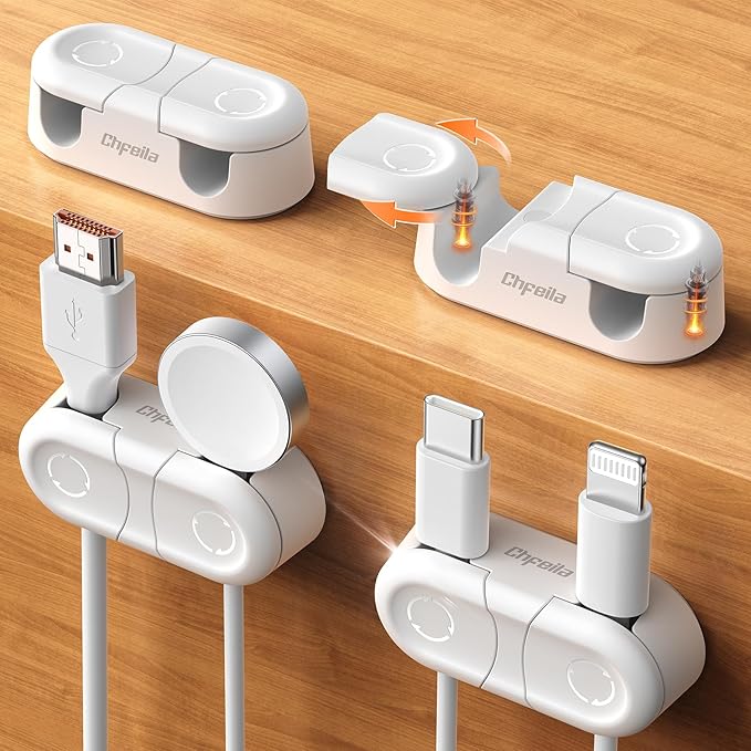 Magnetic Cable Clips - Chfeila 4Pack [Dual Slot] [360°Rotating & Twist-Lock] Cord Management, Adhesive Phone Charging Keeper, Wire Organizer Holder for Nightstand, Home Office Desk Accessories Decor