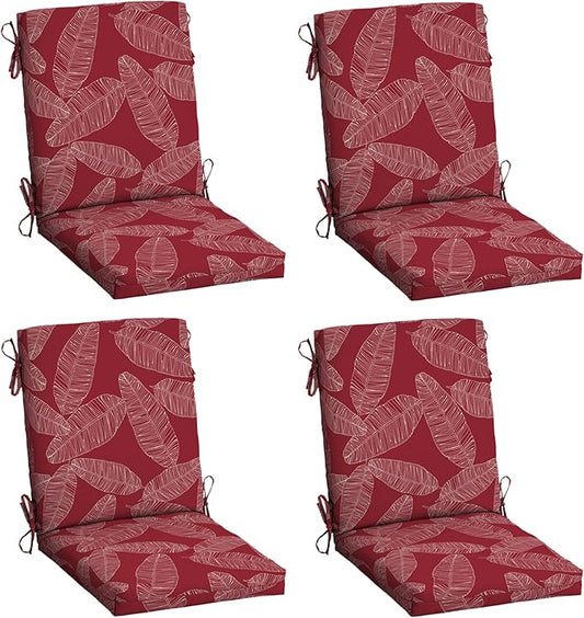 Arden 4-Pack Outdoor Patio Dining Chair Cushion, 20x44, Rain-Proof Seat Pad, Fade-Resistant Outdoor Cushion Red Leaf Palm