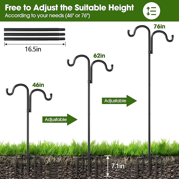 Double Shepherds Hooks for Outdoor, 76" Heavy Duty Bird Feeder Pole with 5 Prong Base, Adjustable Shepherds Hook for Bird feeders Outside, Garden, Weddings, Hanging Plants, 2 Pack, Black