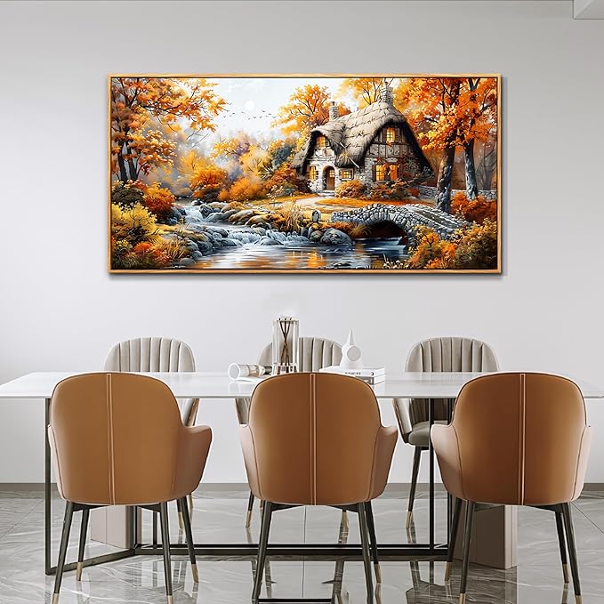 QIYILEXWART Canvas Wall Art For Living Room Wall Decor For Bedroom Office Wall Decoration Autumn Cottage River Landscape Painting Farmhouse Pictures Artwork Room Aesthetic Home Decor 20x40 In