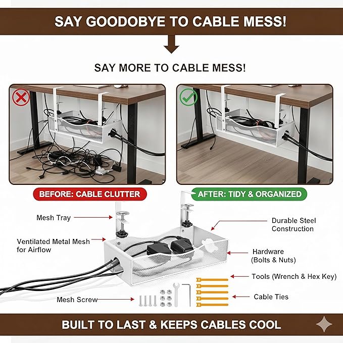 Extra Wide Under Desk Cable Management - No Drill Installation Cable Management Tray, Modern Cord Organizer for Office/Home Desk, Fits Power Strips & Wires((White, XL)