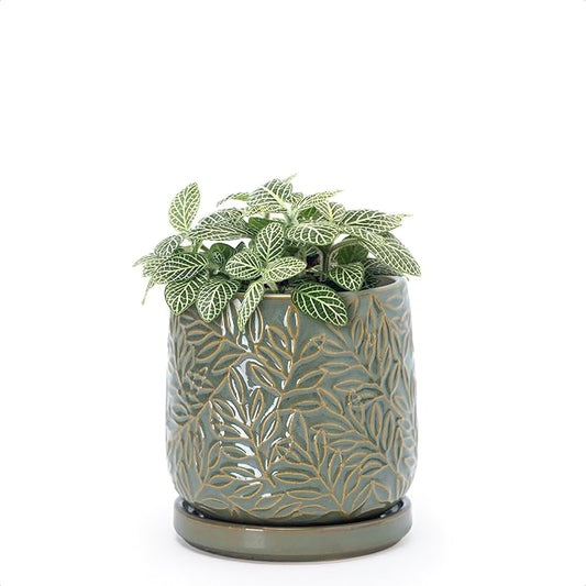 D'vine Dev 4 Inch Embossed Leaves Stoneware Planter Pot with Drainage Hole and Saucer, Olive, 27-A-Z-0