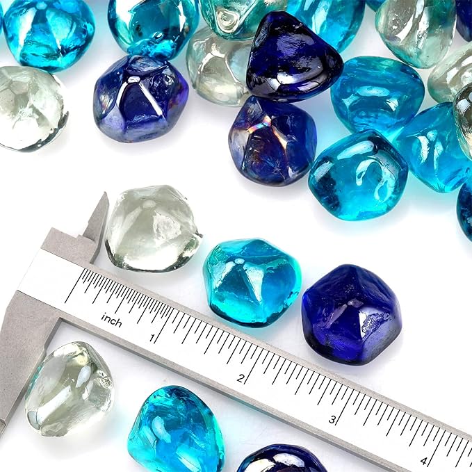Mr. Fireglass 10 Pounds Blended Fire Glass Diamonds for Fireplace Fire Pit & Lanscaping - 1 inch High Luster Fire Rocks with Mixed Colors (Cobalt Blue++Crystal Ice+Caribbean Blue)
