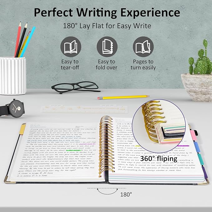 Hardcover Spiral Notebook Journal, 8"x10" Large B5 Notebooks with Removable Dividers Tabs, 300 Pages Leather 5 Subject Notebook College Ruled, Journal for Work School Note, 100 GSM Thick Paper,Black