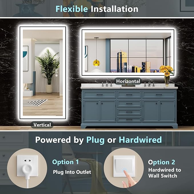 72x36 Black Framed LED Bathroom Mirror