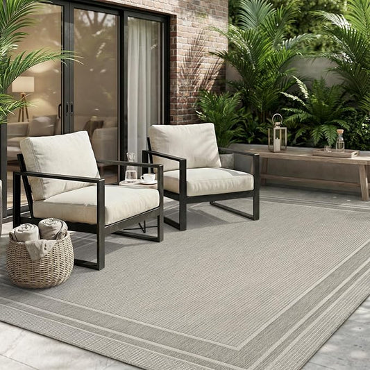 MontVoo-Outdoor Rug-Patio Rug 4x6 ft Polypropylene Indoor Outdoor Rugs Outdoor Carpet for Patio Deck Balcony Porch, Textured Weave, Durable for High Traffic, Fade-Resistant, Modern Silver Grey