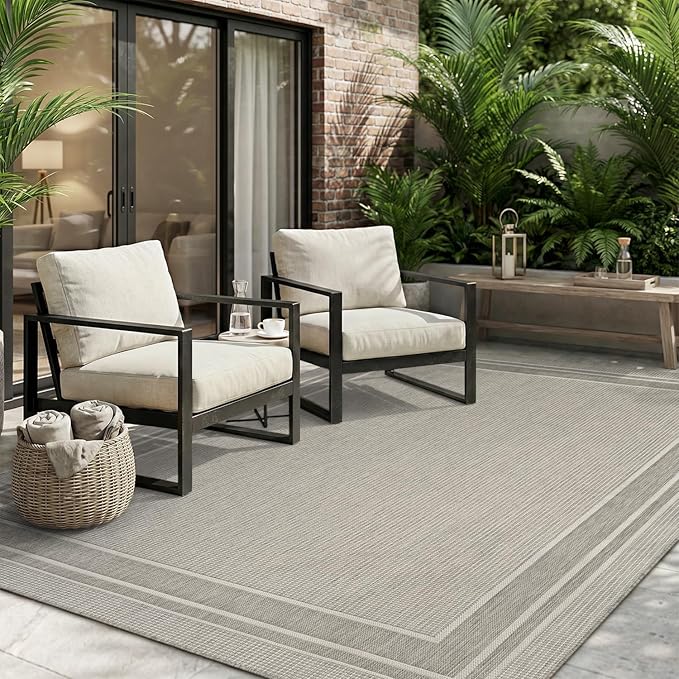 MontVoo-Outdoor Rug-Patio Rug 6x9 ft Polypropylene Indoor Outdoor Rugs Outdoor Carpet for Patio Deck Balcony Porch, Textured Weave, Durable for High Traffic, Fade-Resistant, Modern Silver Grey