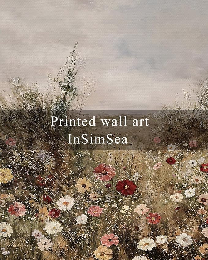 InSimSea Framed Canvas Prints Art Vintage Decor, Classical Wildflower Field Meadow Flowers Painting, Rustic Landscape Large Wall Art for Living Room Bedroom Home Bathroom Wall Decor, 16x24inch