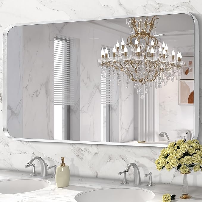 Brushed Nickel Bathroom Wall Mirror, Tempered Glass, Shatter Proof, Hangs