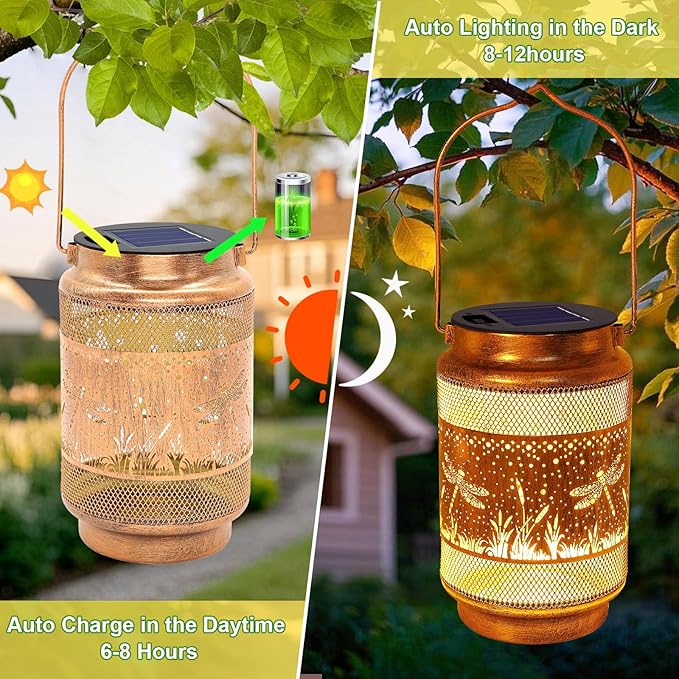 Dragonfly Solar Lanterns Outdoor Waterproof with Shepherd Hook, Gifts for Mothers Day Women Mom Grandma Birthday, Metal Solar Hanging Lights Garden Decor for Outside Yard Patio Pathway Backyard Porch