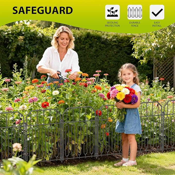 VANCASTLE Decorative Garden Fence, Toatal 25FT(L) x 21IN(H) Outdoor Metal No Dig Fence Animal Barrier, Rustproof No-Tool Assembly Landscape Edging for Yard, Lawn, Patio, Flower Bed-25 Panels Design I