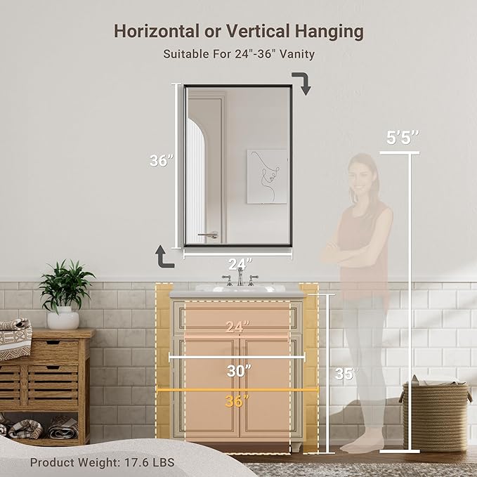 Black Framed Mirror for Bathroom, 24x36 Inch Black Rectangle Beveled Bathroom