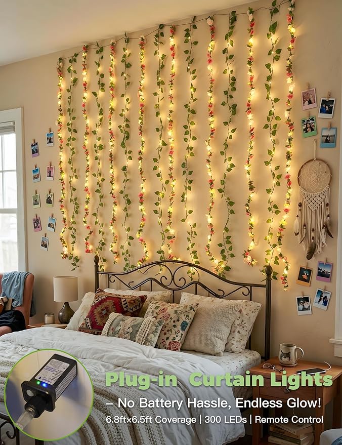 suddus 300 LED Artificial Flower Garland Pothos Vines Curtain Lights, Rose