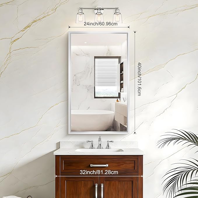 40x24 Silver Bathroom Mirror, Brushed Silver Rectangular Mirror