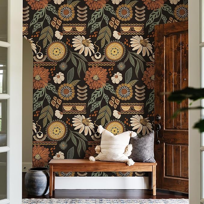 JiffDiff Boho Wallpaper Peel and Stick 17.3" x 400" Vintage Sun Floral Retro