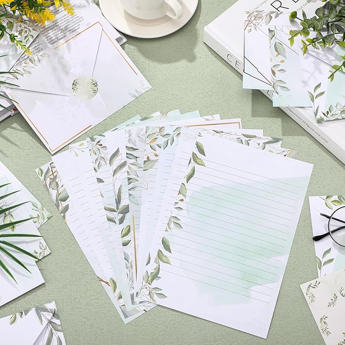 TaoBary 160 Pcs Stationery Paper Set 50 Double Sided Stationery Papers with 50 Matching Envelopes and 60 Round Dot Sticker, 10 Design(Eucalyptus,5.5 x 8.25 Inch)