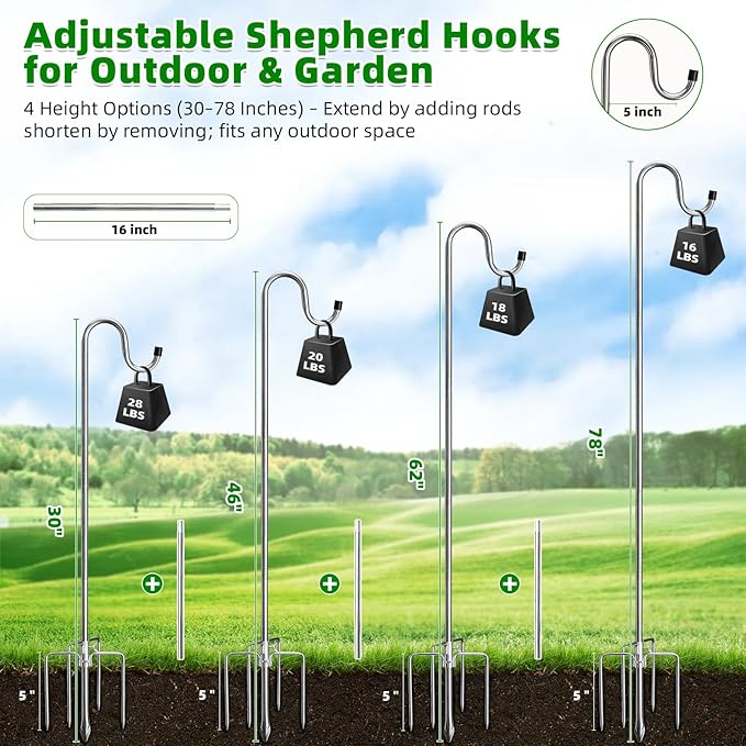 COCONUT 78 Inch Shepherds Hook for Bird Feeder, 5/8 Inch Width Heavy Duty Adjustable Outdoor Shepherd Hooks with 5-Prong Base for Lanterns Planting Hanger Weddings Decor, Silver