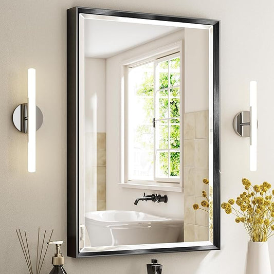 Black Framed Mirror for Bathroom, 24x36 Inch Black Rectangle Beveled Bathroom