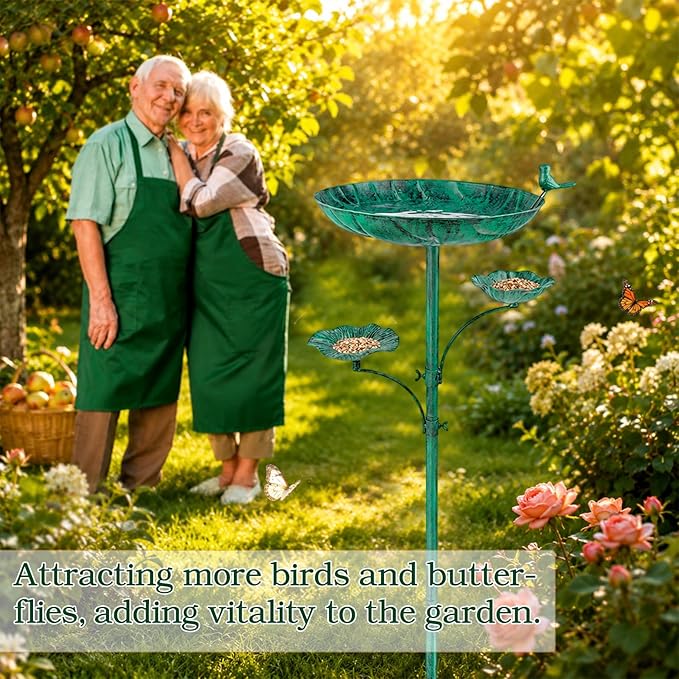 HUFAND Triple Bowl Bird Bath for Outside, 3-in-1 Bird Bath & Feeder with 4-Claw Ground Stake, 51in Height, 11.8in Large Top Bowl, Outdoor Birdbath for Garden Patio Yard Decor, Copper-Green