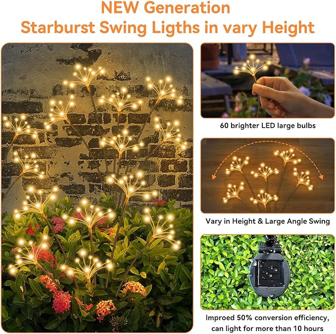 JJGoo Solar Garden Lights, New Upgraded 4 Pack Solar Swaying Starburst Light, Waterproof Fireworks Outdoor Lights, Yard Patio Pathway Decoration, Warm White