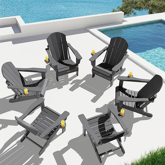 SERWALL Folding Adirondack Chair with Cup Holder Set of 6, Weather Resistant HIPS Lawn Chairs, Wooden Textured, Fire Pit Chairs for Backyard, Garden, Fire Pit- Gray