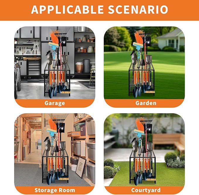 Garden Tool Organizer, Yard Tool Organizer, Metal Yard Tools Storage, Heavy Duty Garden Tool Organizer for Garage, Partitioned Tool Organizer and Storage for Shed, Garage, Tool Stand, Outdoor
