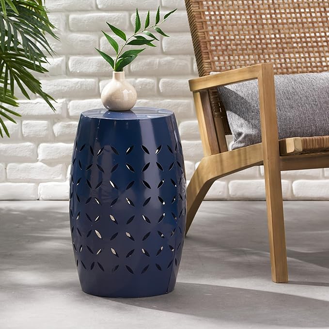 Christopher Knight Home Hayon 17.75'' Small Outdoor Side Table, Metal Outdoor Stool, Lace Cut Iron End Table, Hollow Drum Round Side Table, Decorative Garden Stool with Cutout Design, Dark Blue