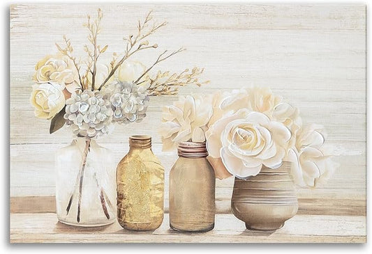 Farmhouse Floral Wall Art for bathroom, Flower Rustic Wood Board Canvas Wall