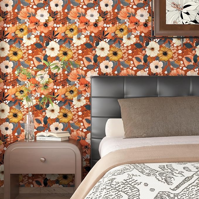 BOKEBEVE Orange Wallpaper Peel and Stick Retro Floral Contact Paper Self