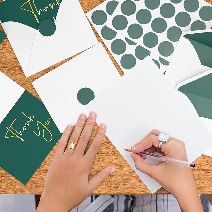 VNS Creations Gold Foil Thank You Cards With Envelopes Bulk Set & Stickers - 100 Pack 4x6 Blank Thank You Notes Set - Large Note Card Small Business, Wedding, Baby Shower & Bridal Shower - Post Green