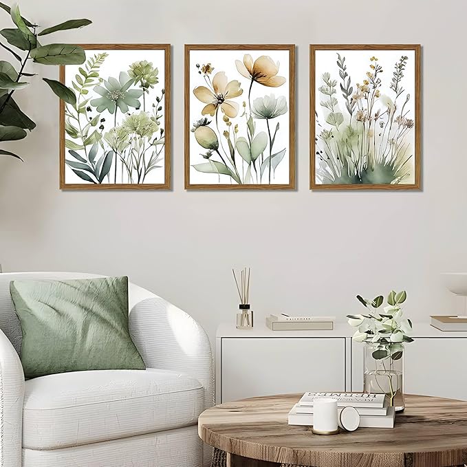 Wood Framed Sage Green Botanical Wall Art Set of 3, Boho Floral Canvas Wall
