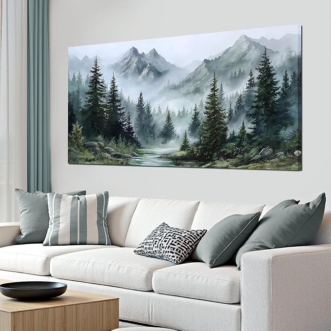 Tarfupth Large Misty Forest Wall Art for Living Room Green Nature Mountain Landscape Canvas Artwork with Trees and River Nature Art for Bedroom Office Home Decor 29x58 Inch