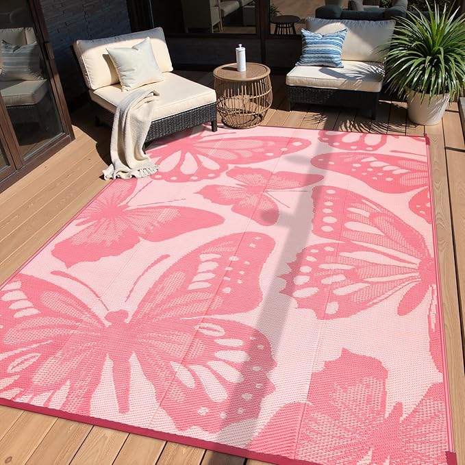 Anidaroel Pink Butterfly Outdoor Rug 6'X9' for Patios Waterproof Clearance, Reversible Plastic Straw Outside Rug, Outdoor RV Camping Rugs for Backyard, Beach, Camper, Pool Deck (Pink,6âX9')