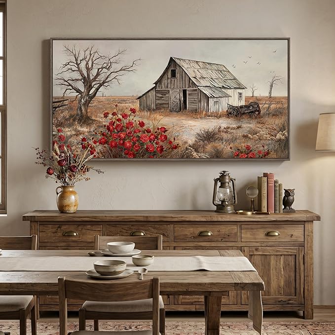 Large Framed Farmhouse Wall Art for Living Room, Vintage Barn Landscape Canvas Prints, Rustic Red Floral Country Wall Decor for Bedroom Dining Room Hallway 30x60 Inch
