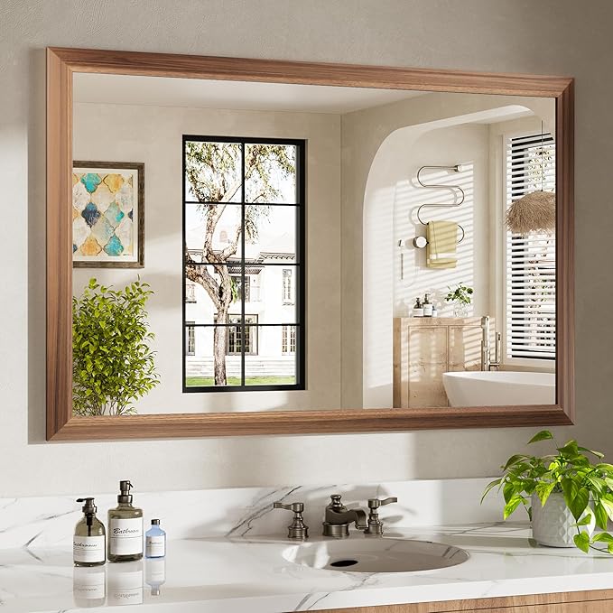 48x32 Inch Bathroom Mirror for Wall, Anti-Rust Walnut Wood Grain Metal Framed