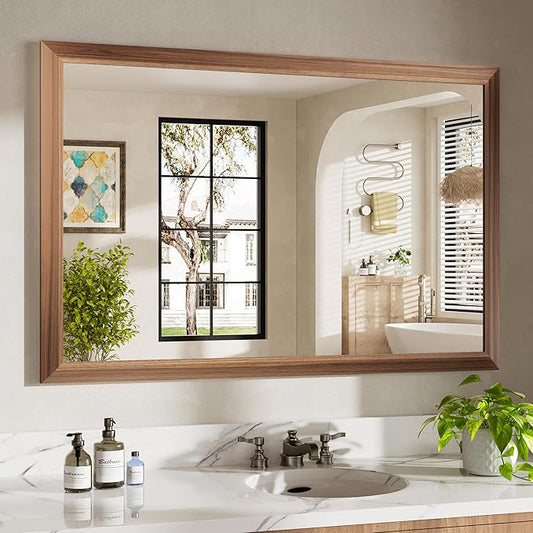 48x32 Inch Bathroom Mirror for Wall, Anti-Rust Walnut Wood Grain Metal Framed
