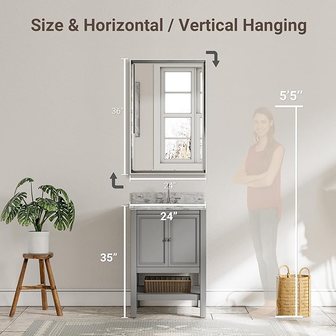 Silver Bathroom Mirror, 24x36 Inch Beveled Vanity Mirror
