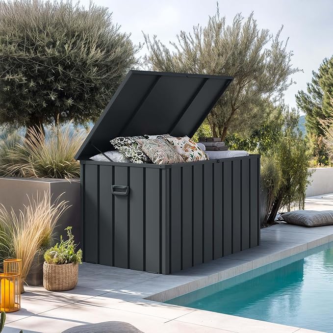 PURPLE LEAF Outdoor Deck Box 160 Gallon Waterproof Lockable Storage Box Container with Lid Deck Organization for Patio Cushions Side Table Pool Accessories Garden Tools, Gray