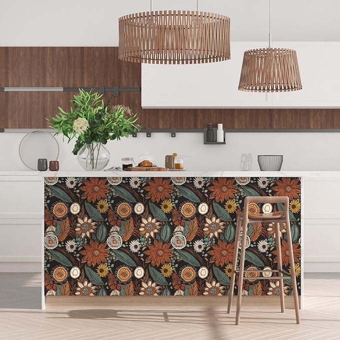 Laatse Rustic Boho Wallpaper Peel and Stick, Vintage Dark Brown Floral Contact