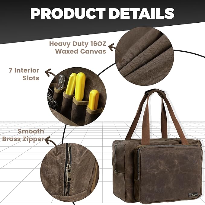 Kaaltisy 16oz Waxed Canvas Tool Bag – Robust Zipper Garden Tools Tote with 3 Compartments & Padded Handle (Grey) – Tool Organizer for Gardening Wire Cutters Goggles