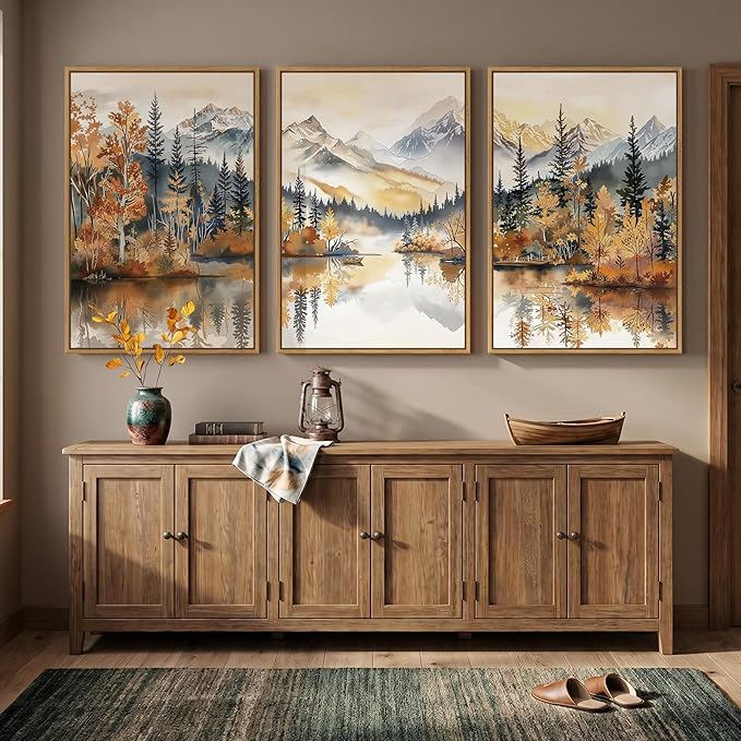 Framed Mountain Forest Landscape Wall Art for Living Room, 3 Piece Orange Neutral Scenic Print Canvas Artwork for Walls, Large Rustic Nature Autumn Picture Wall Decor for Dining Room Hallway, 24x36 In