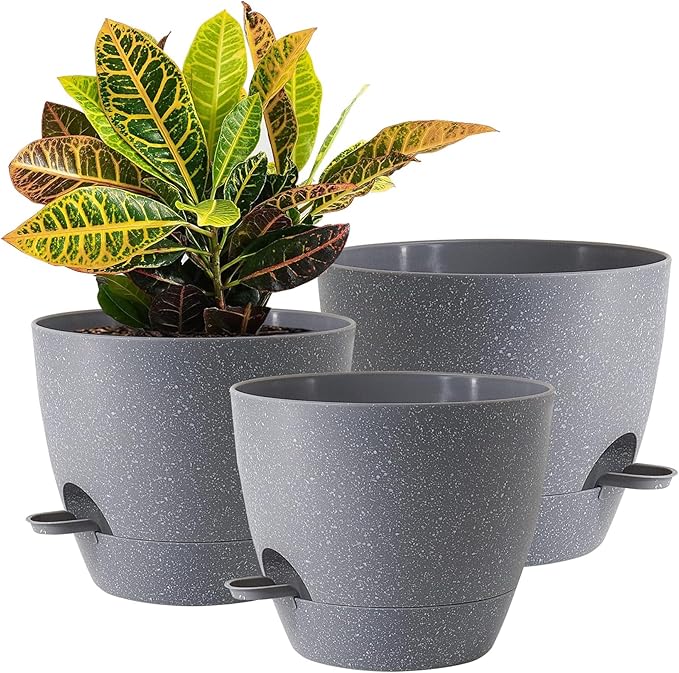 10/9/8 inch Self Watering Pots, Set of 3 Plastic Planters with Mesh Drainage Holes and Deep Reservoir for Indoor Outdoor Garden Plants and Flowers, Grey Speckles