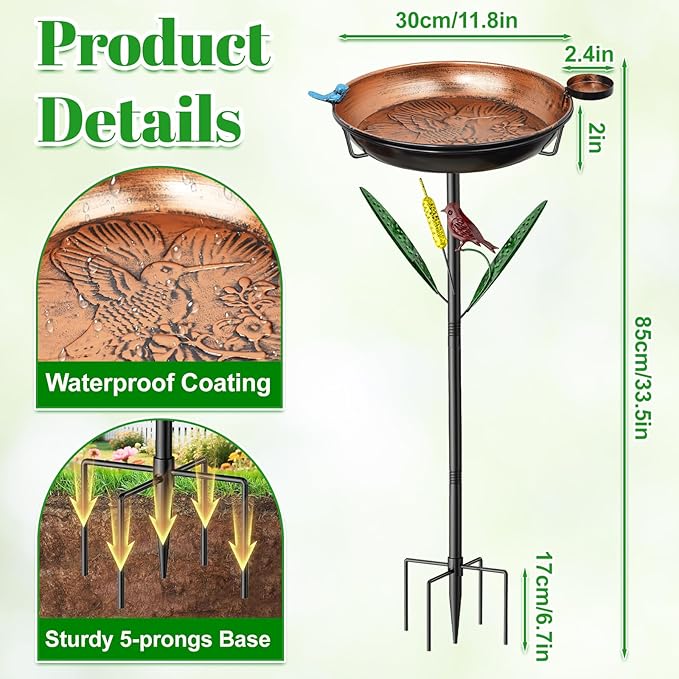 2-in-1 Bird Baths for Outside, 11.8" W Metal Bird Feeder Water Bowl with 5 Prongs Base, 33.5" Vintage Freestanding Garden Birdbaths for Outdoors Patio Yard Lawn Art Decor