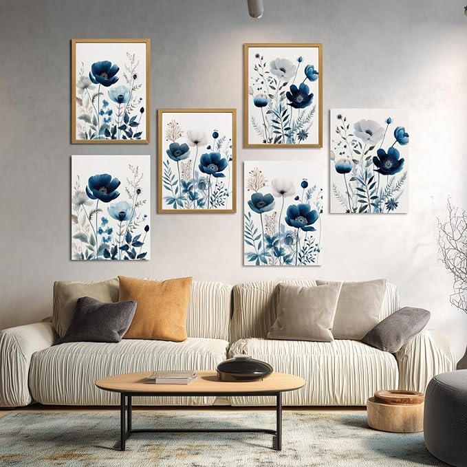 LLEEMPI Framed Navy Blue Floral Wall Art Set of 3, Modern Wildflower Wall Decor