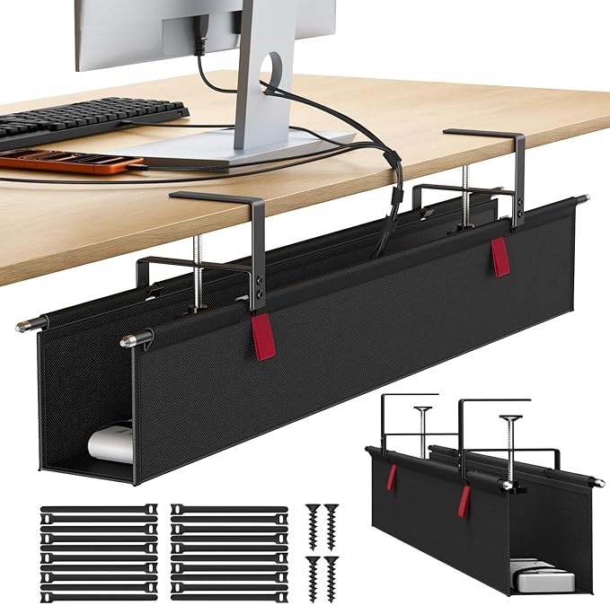 Housolution Under Desk Cable Management Tray, 36'' Longer Cord Management Under Desk, Premium Fabric Cable Storage Organizer, No Drilling Clamp/Screw Mount Cord Organization Tray for Office Home