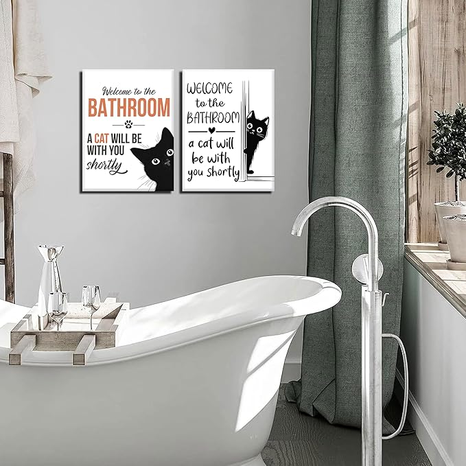 MUWAK Funny Welcome to the Bathroom Slogan Wall Art Set of 2 – Cat will Be